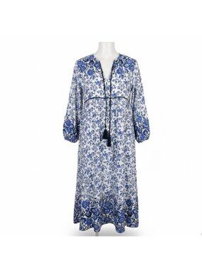 R. Vivimos Womens Blue/White Boho Floral Maxi Dress W/ Long Sleeves Size M